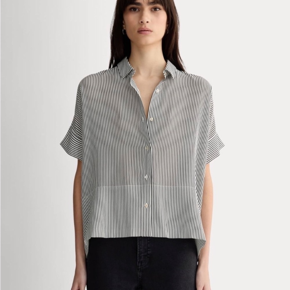 Everlane Silk Black and White Striped Boxy Button Down Shirt Size 00 NWT